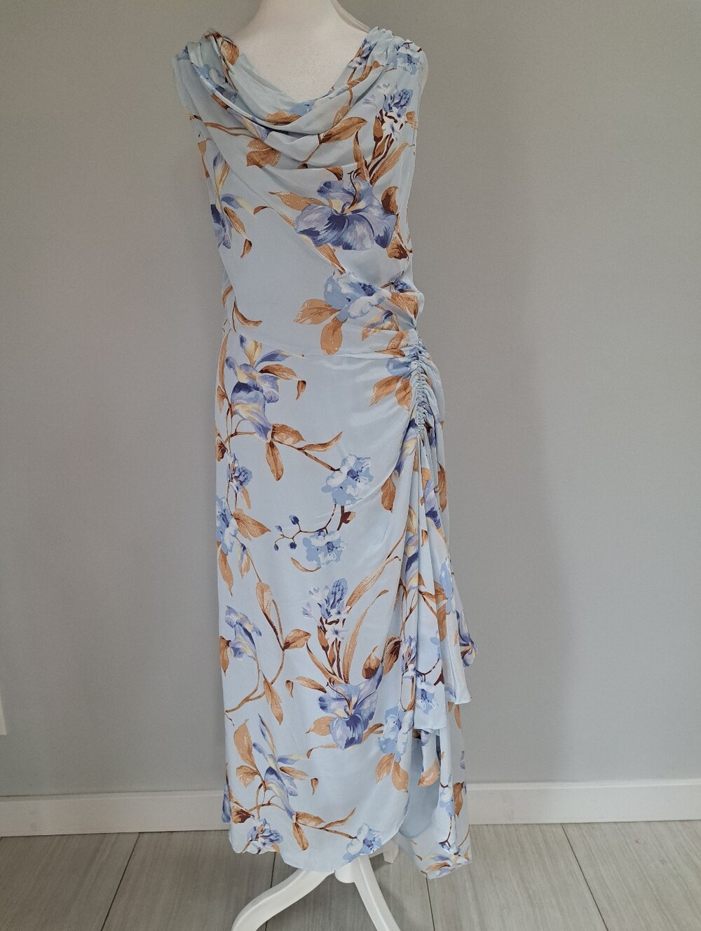 NWT WHBM Light Blue Floral Cowl Neck Ruched Assimetric Maxi Dress